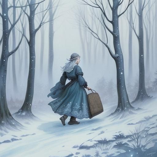 frozen forest in the style of arthur rackham and kay nielsen