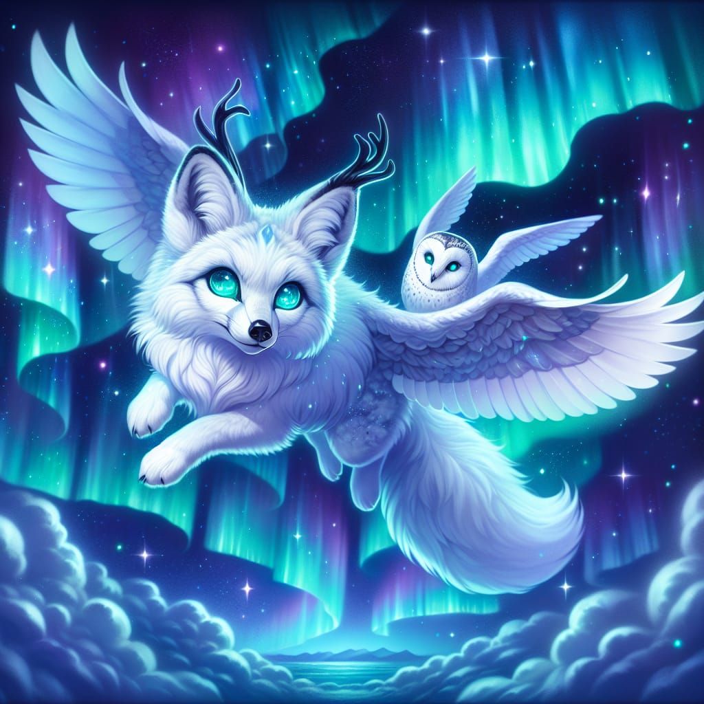 Arctic Fox with Fennec Ears and Polar Owl Wings Soars Amidst...