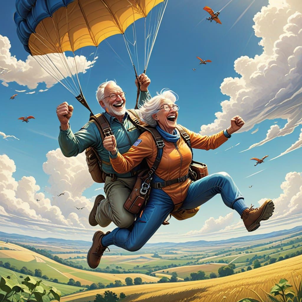 Cartoon Elderly Couple Skydiving as Comic Book Art