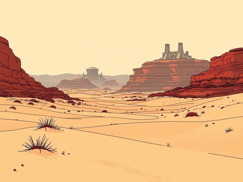Minimalist Sci-Fi Desert Landscape in Cel-Shading
