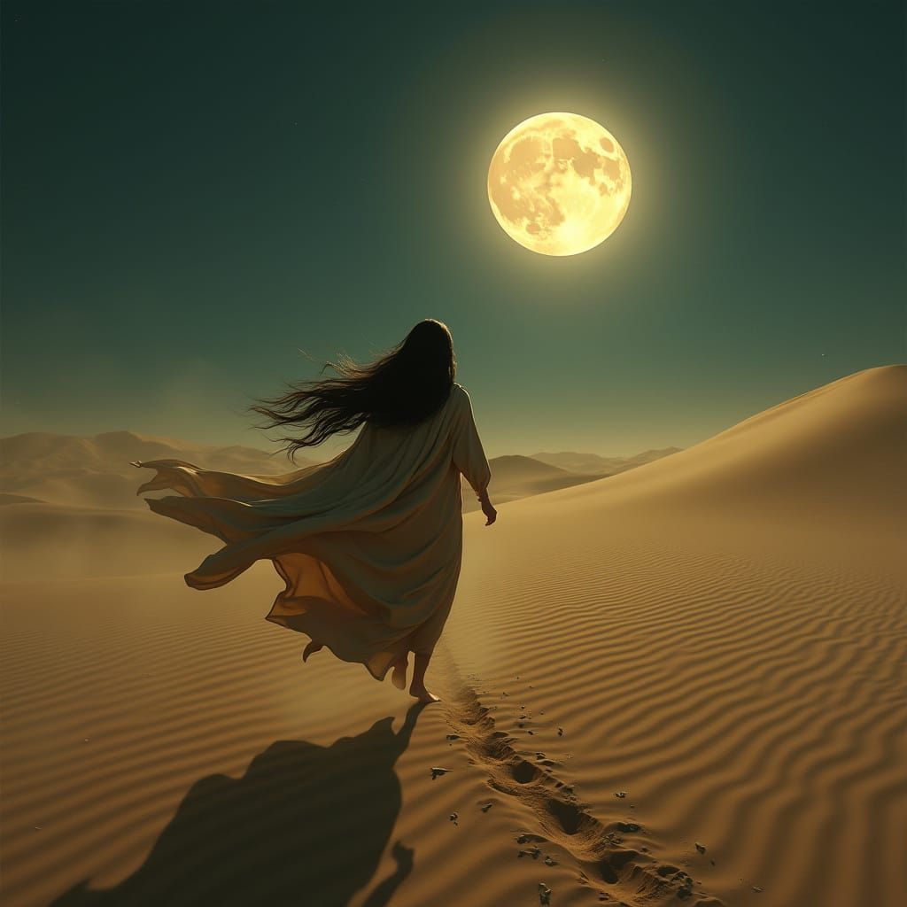Arabic Lady Runs Barefoot Across Desert Dunes Under Dramatic...