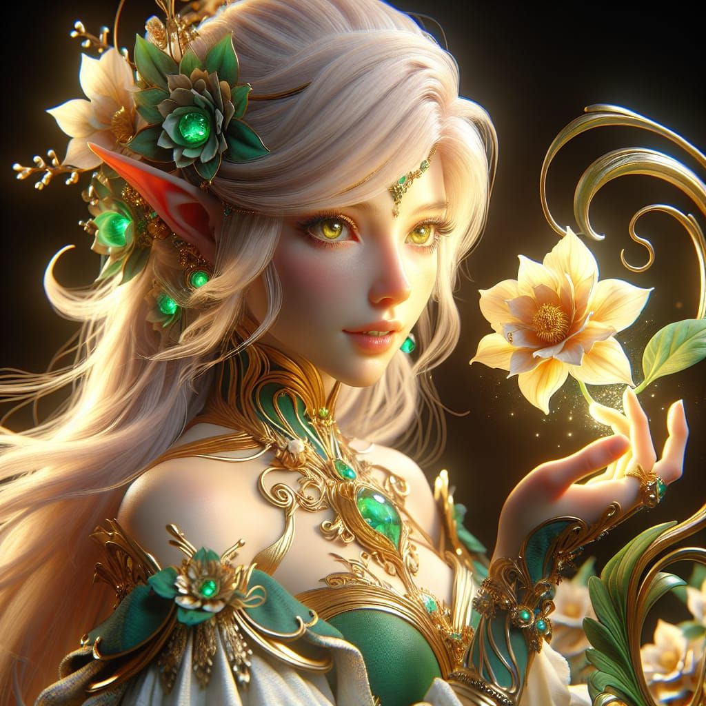 Magical Elf Enchanting a Flower in Art Nouveau Style