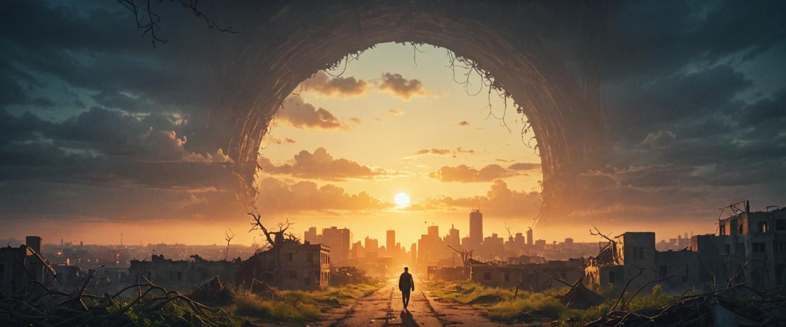 Abandoned Cityscape at Dusk: Cinematic Matte Painting