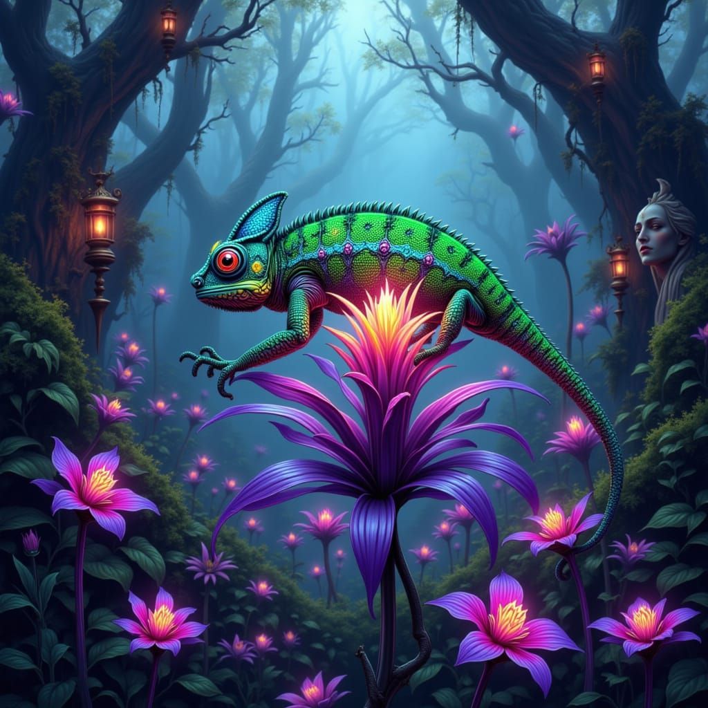 Vibrant Chameleon in Mystical Garden Digital Painting