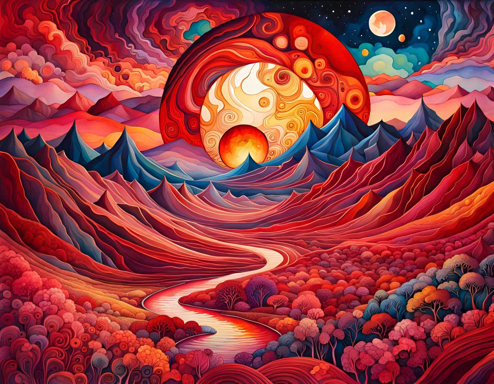 Blood Moonscape: Line and Watercolor Painting