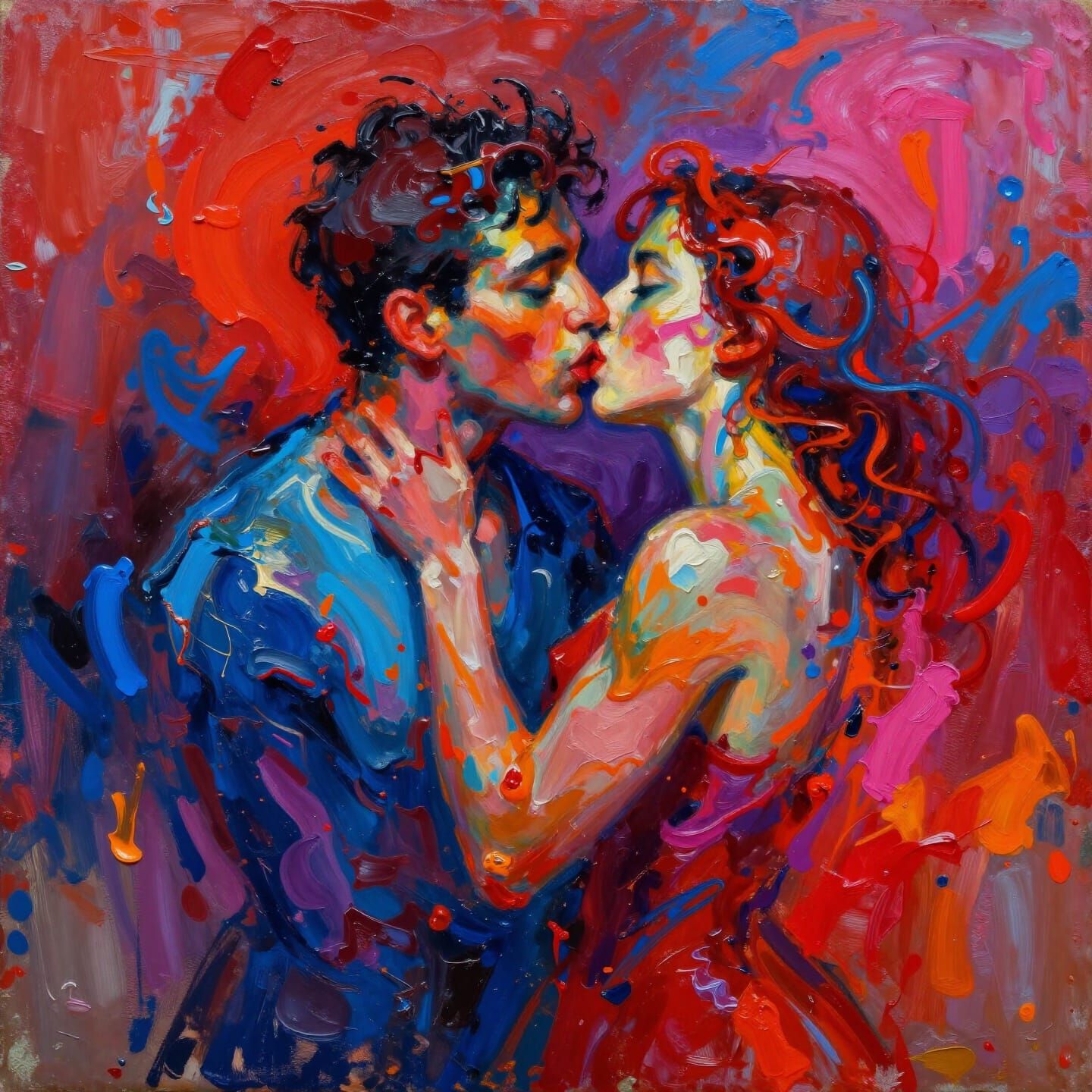 Abstract Lovers Kissing in Vibrant Oil Pigments
