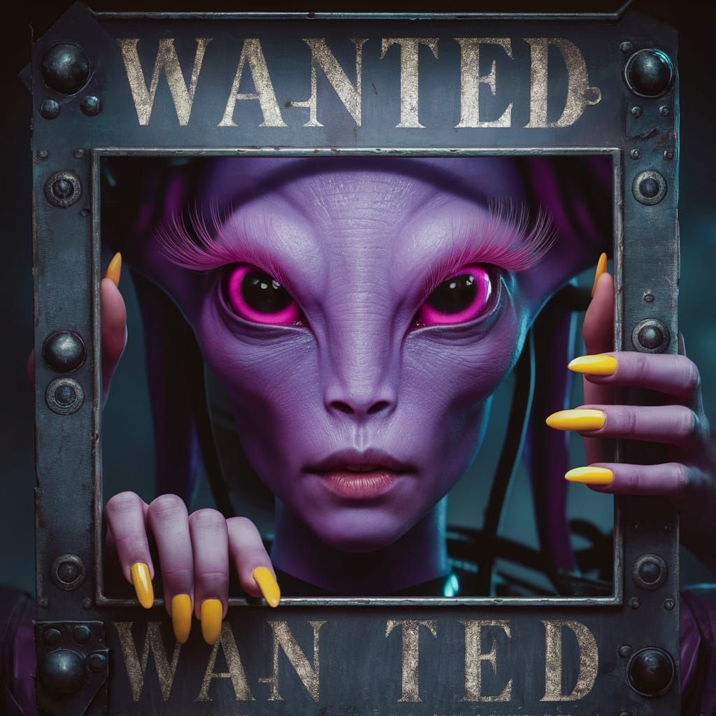 Neon Alien Woman: Hyperrealistic Wanted Poster