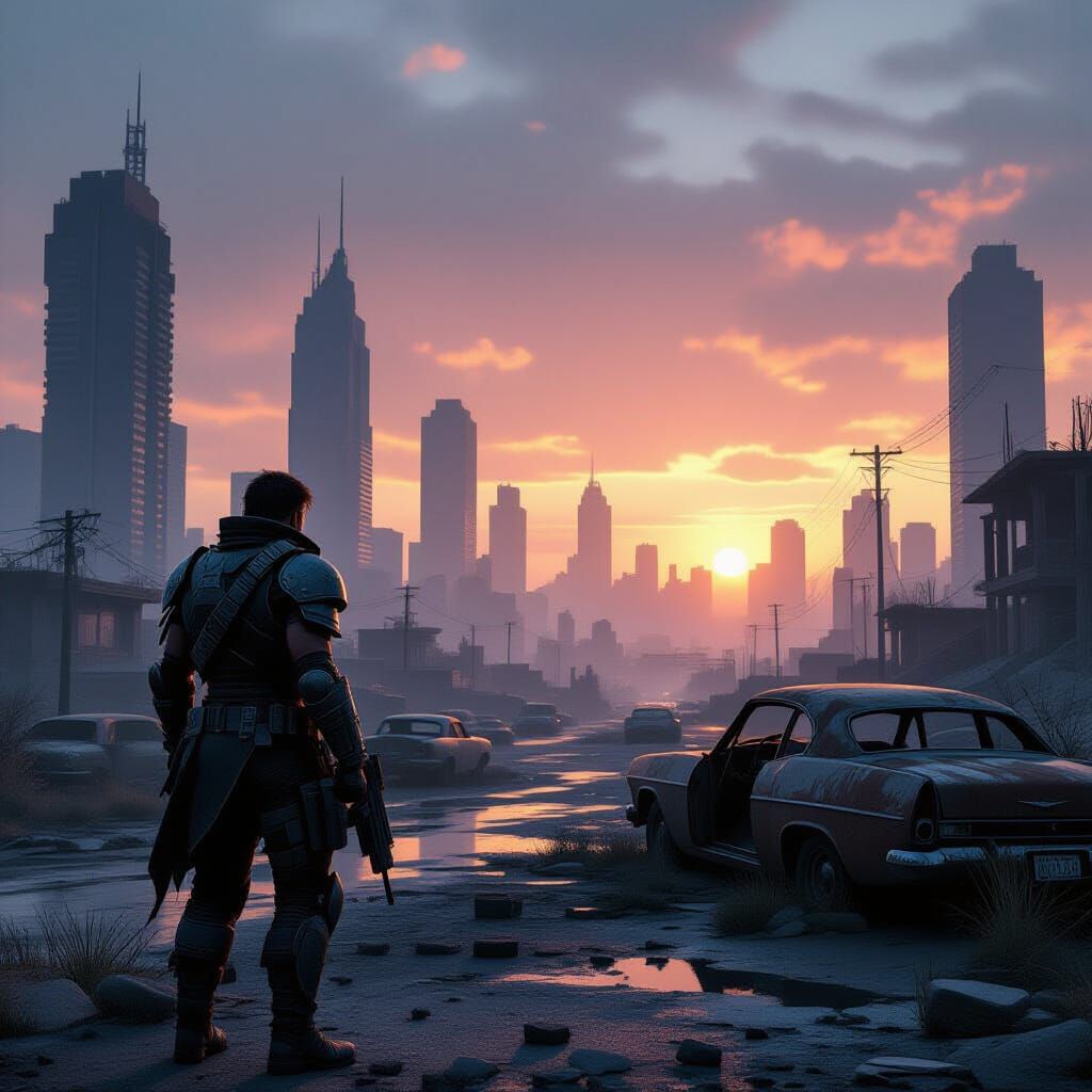 Lone Soldier in Overgrown Cityscape Under Twilight Sky
