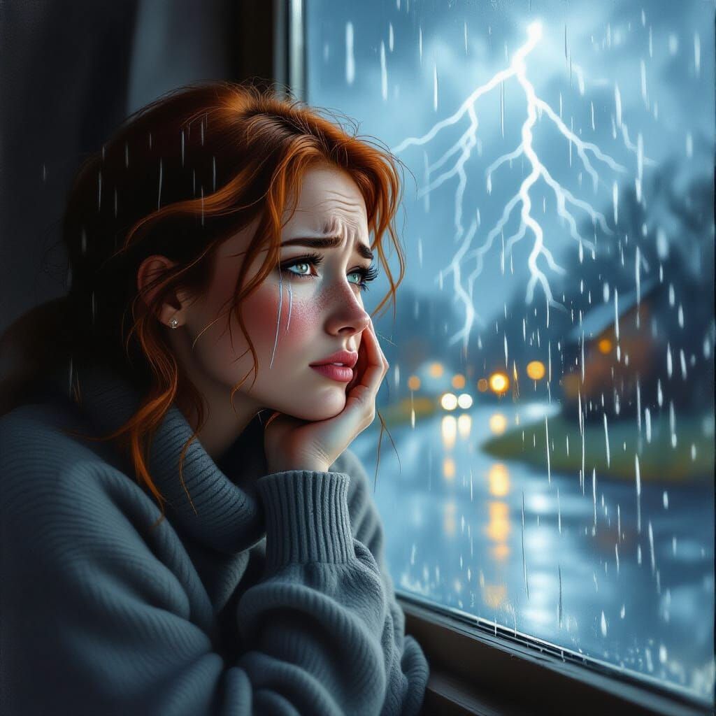 Melancholy Woman Cries Watching Storm Through Window