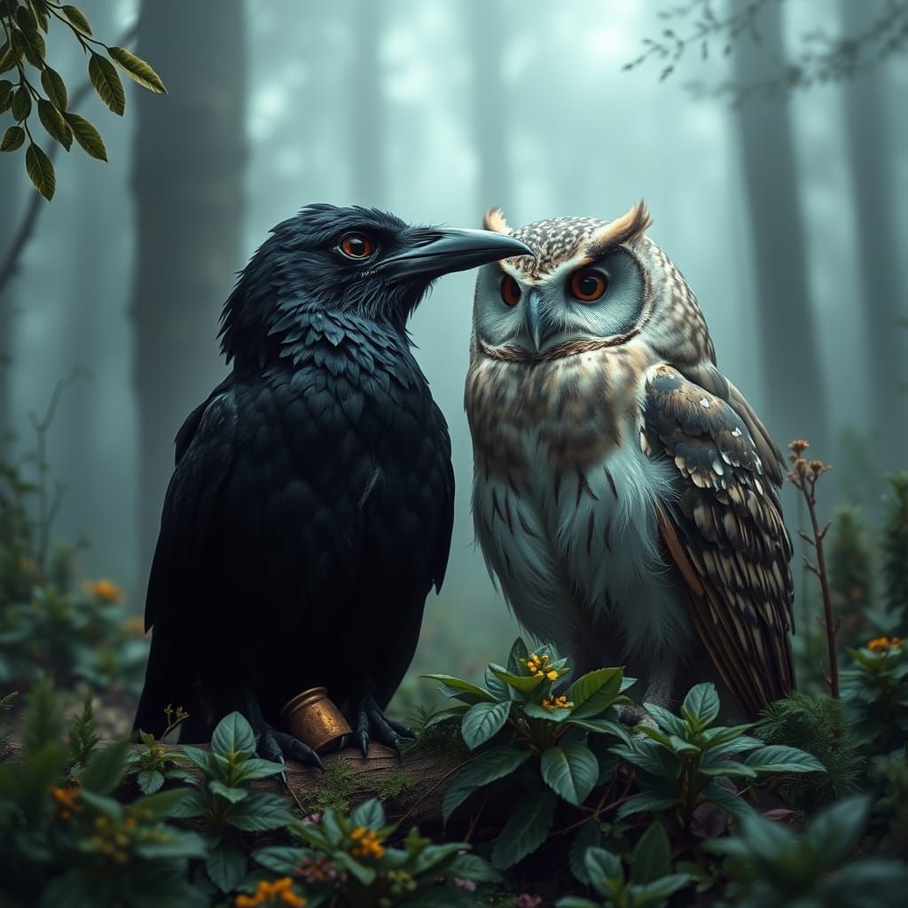 Raven and Owl in Misty Forest, Digital Art