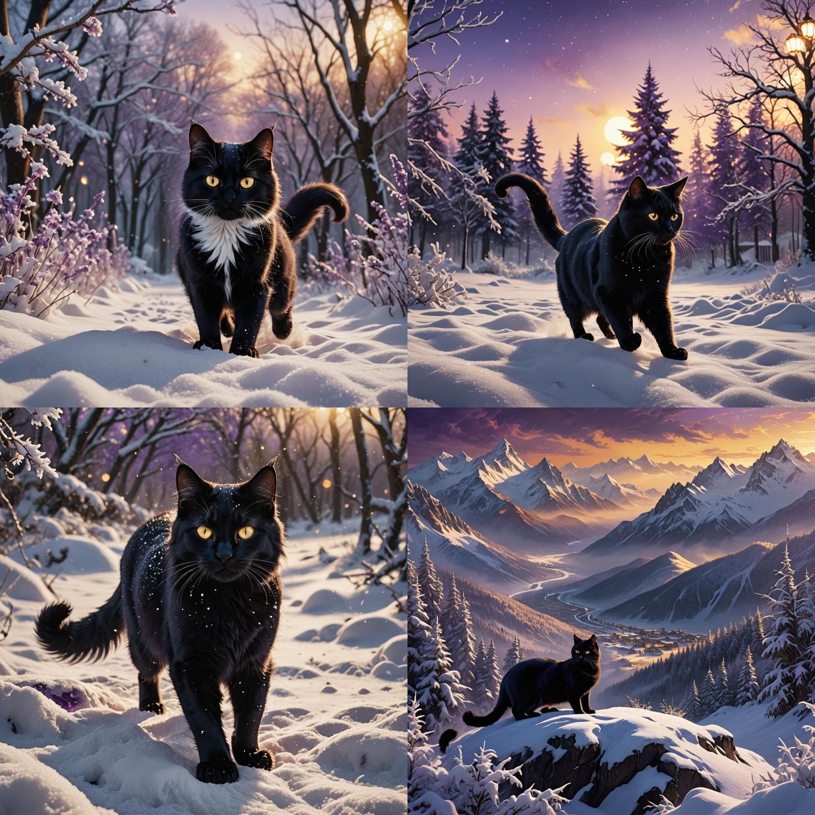 Black Cat Frolics in Snowy Landscape