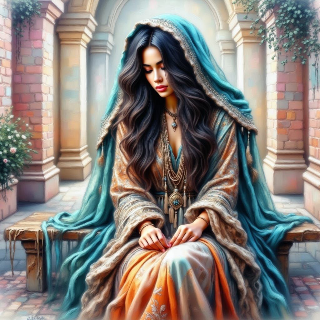 Woman in Flowing Fabric, Digital Painting in Flux and Waterc...