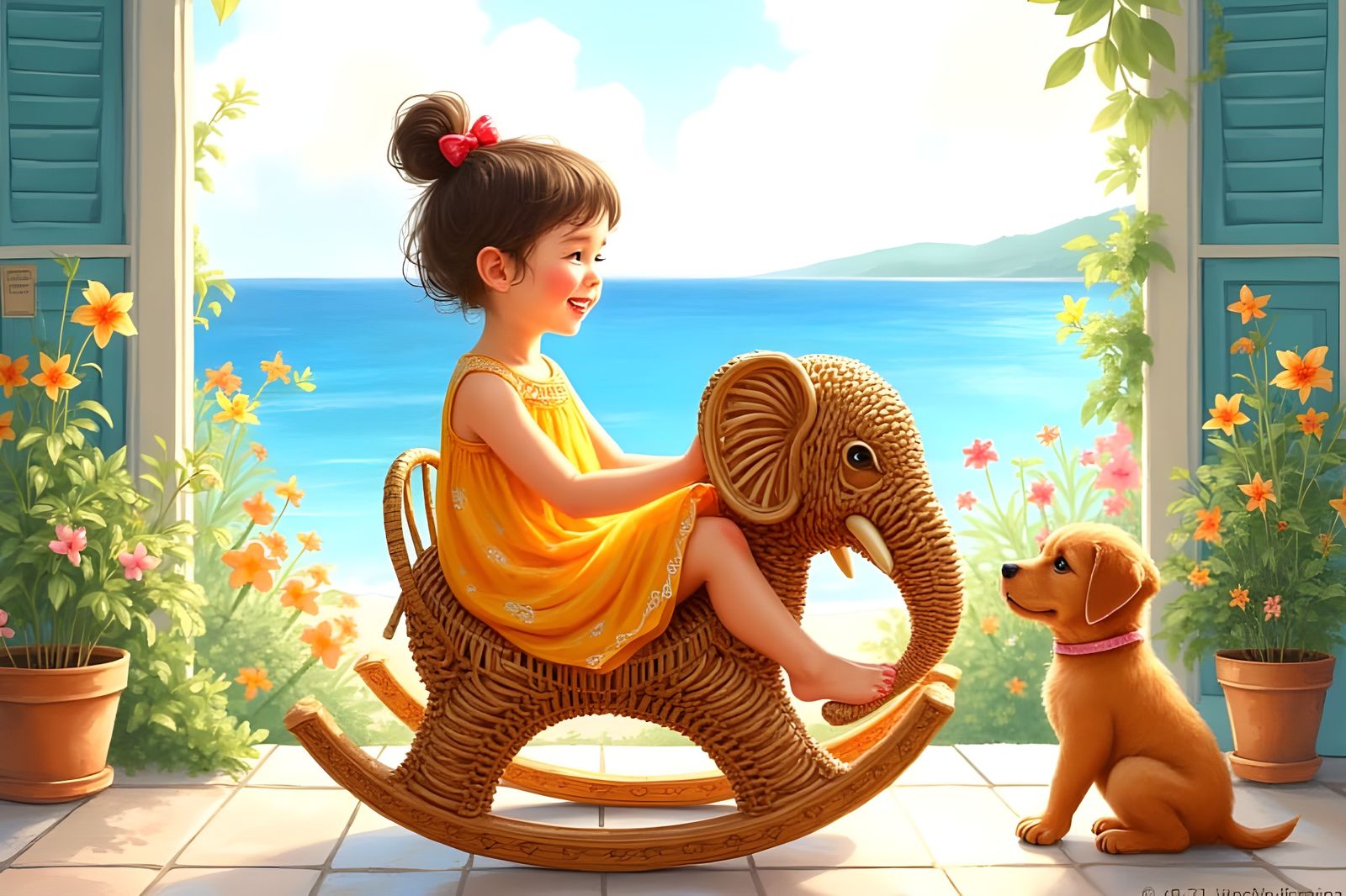 Girl on Rattan Elephant Rocker, Watercolor Painting