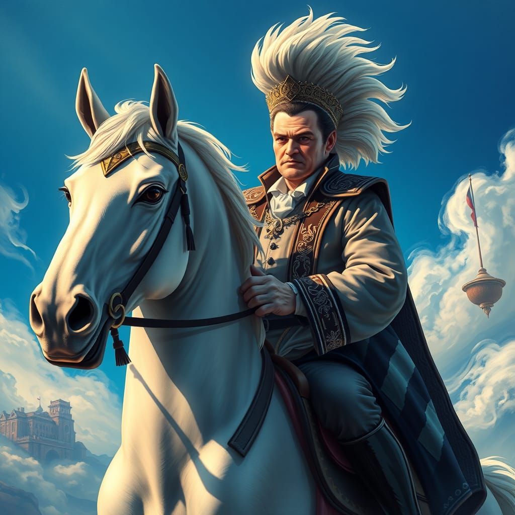 A full caricature of a snobbish man, nose in the air,  ridin...