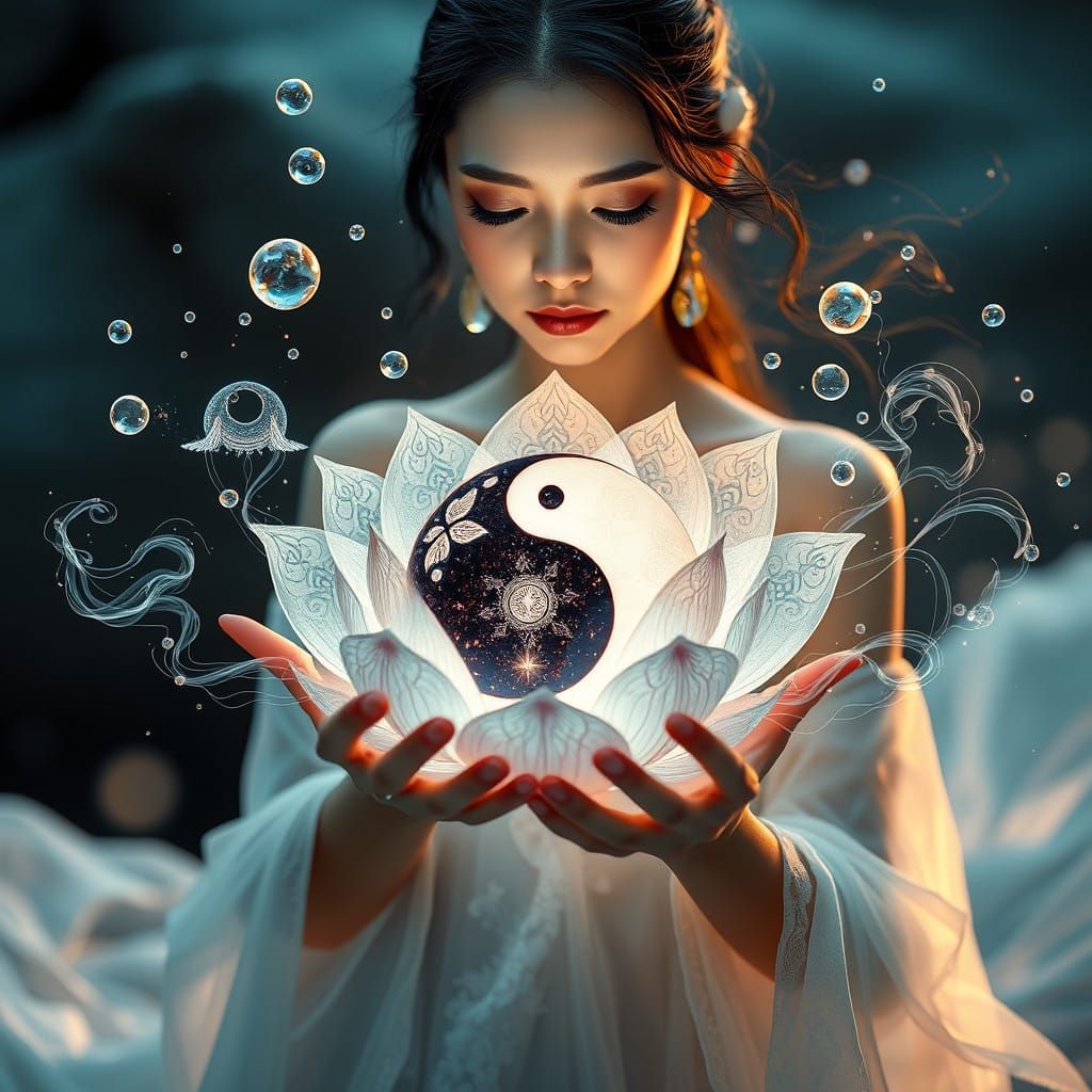 Surreal Goddess of Balance in Dreamy Holographic Landscape