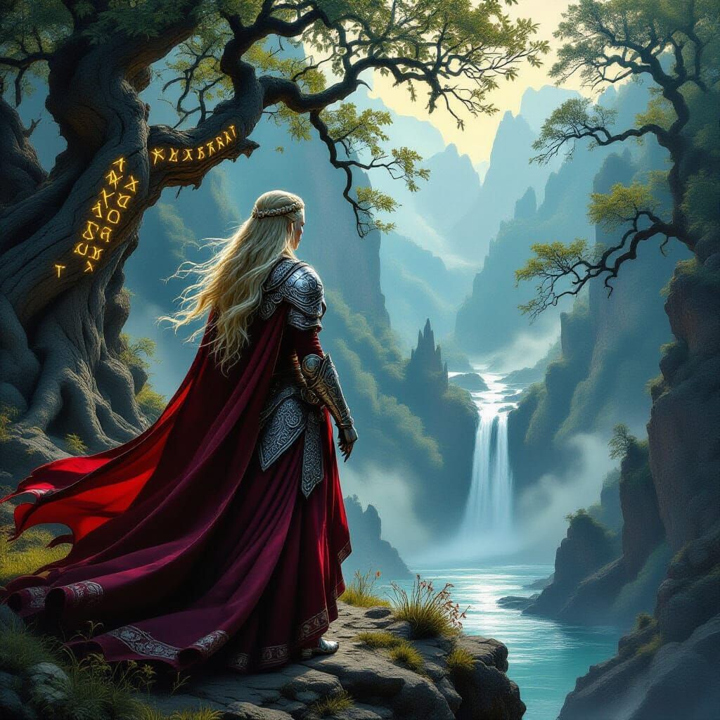 Viking Queen on Cliff Overlooking Mystical Forest