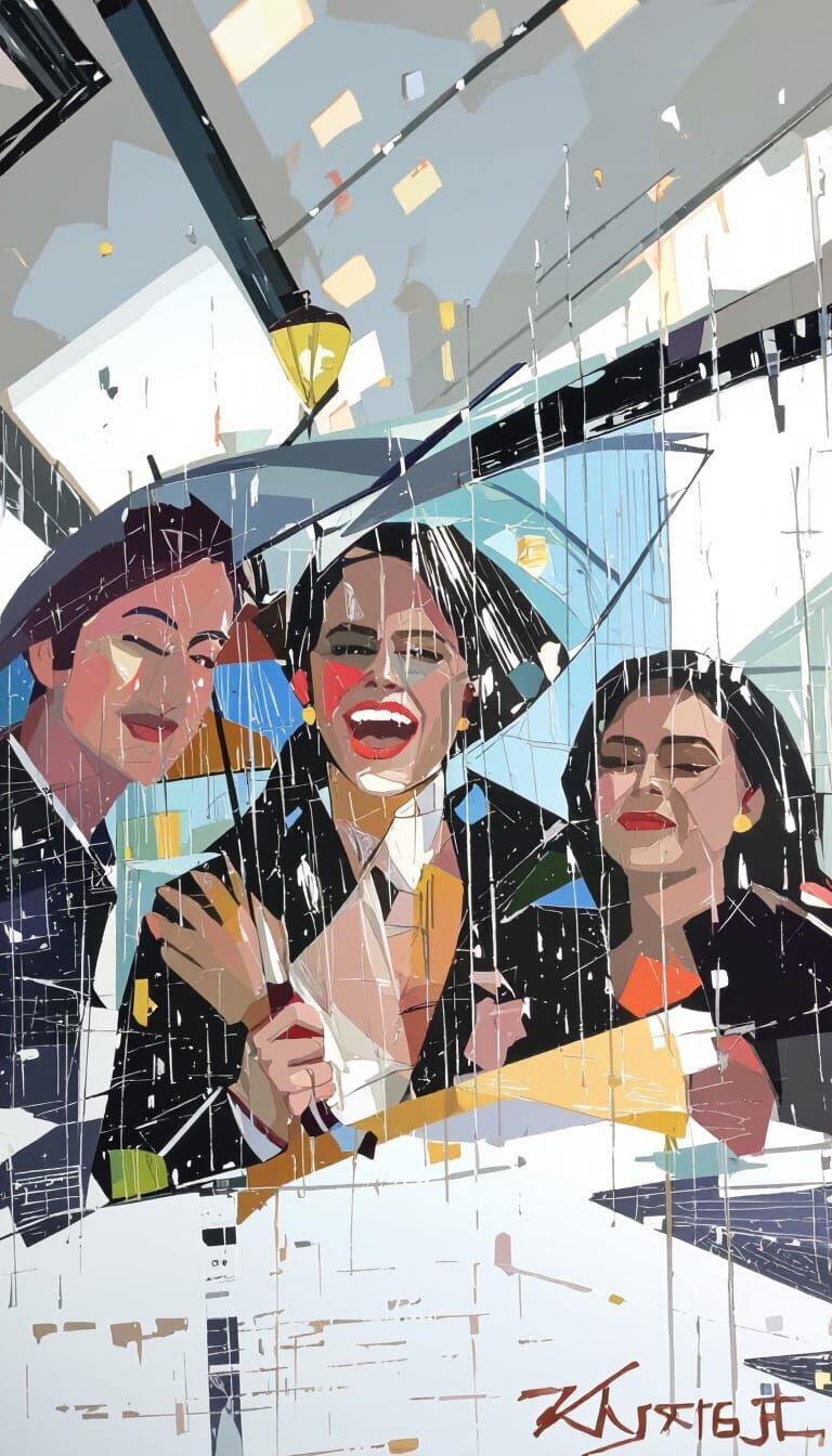 Joyful Figure Sings in Rainy Streetlight Glow, Impressionist...