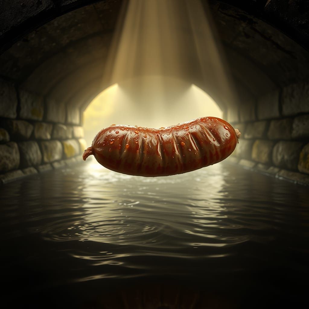 Sausage Under Bridge in Hyperrealistic Style