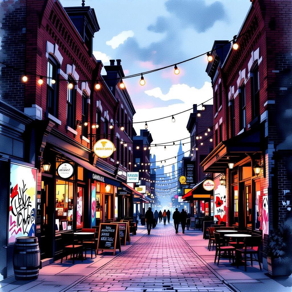 Nightlife Corridor: Architectural Sketch with Watercolor Acc...