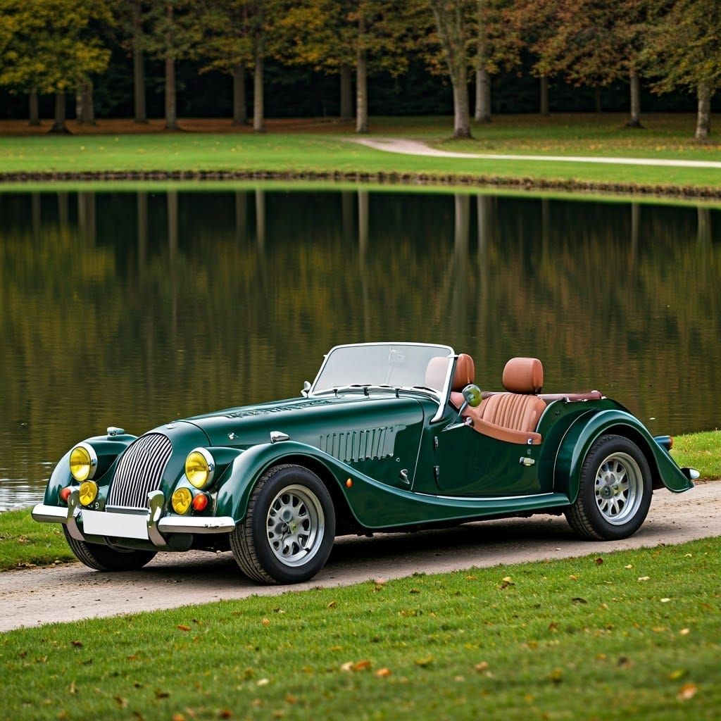 Classic Green Morgan Car by Pond: Automotive Photography