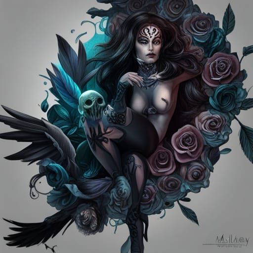 Raven and Skull Tattoo Art, Detailed Matte Painting