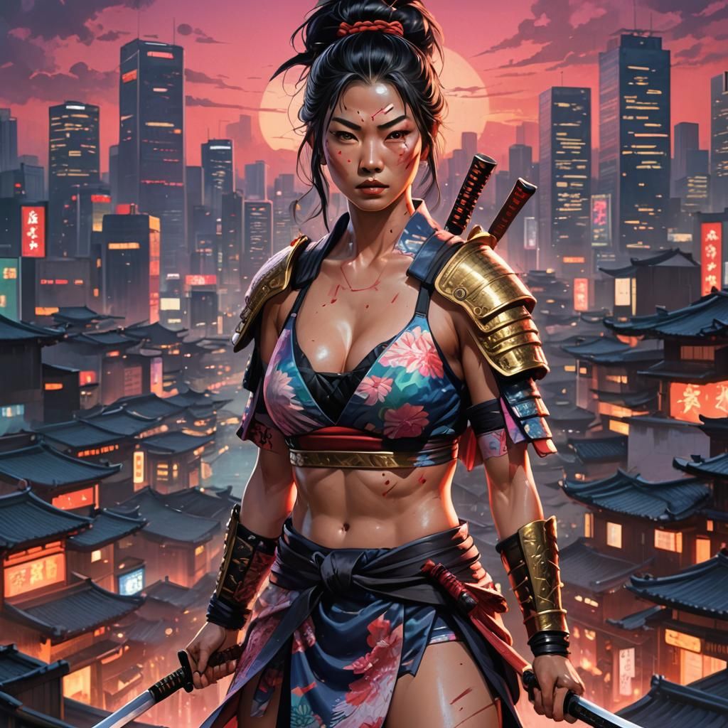 Female Samurai in Neon Cityscape, Splash Art