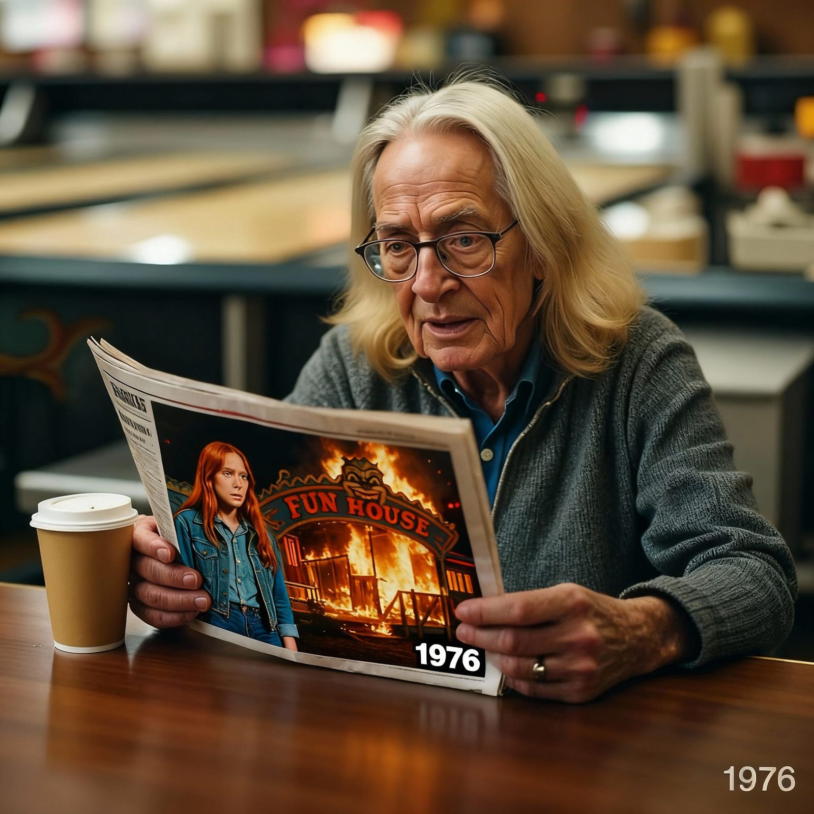 Girl Beside Burning Building on Newspaper Cover