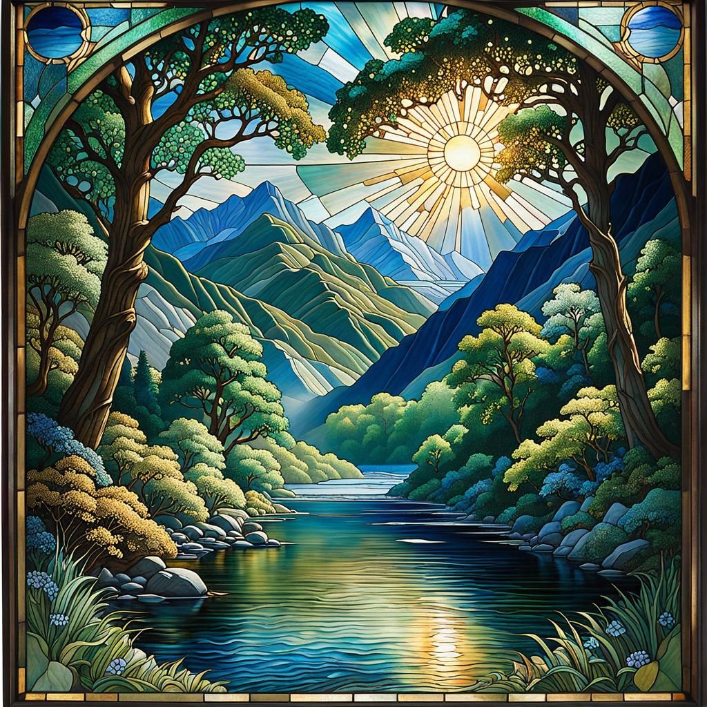 Art Deco Stained Glass Mountain River Valley