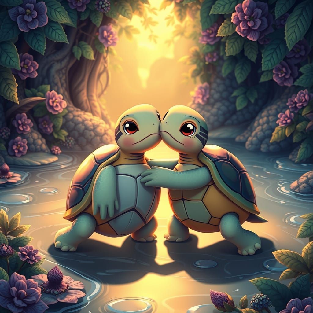 Whimsical Turtle Lovers in Vibrant Fantasy Landscapes
