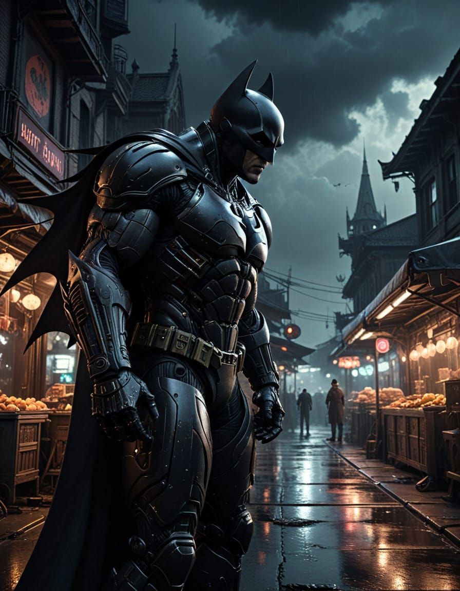 Batman watches over a night market from above. 8k resolution...