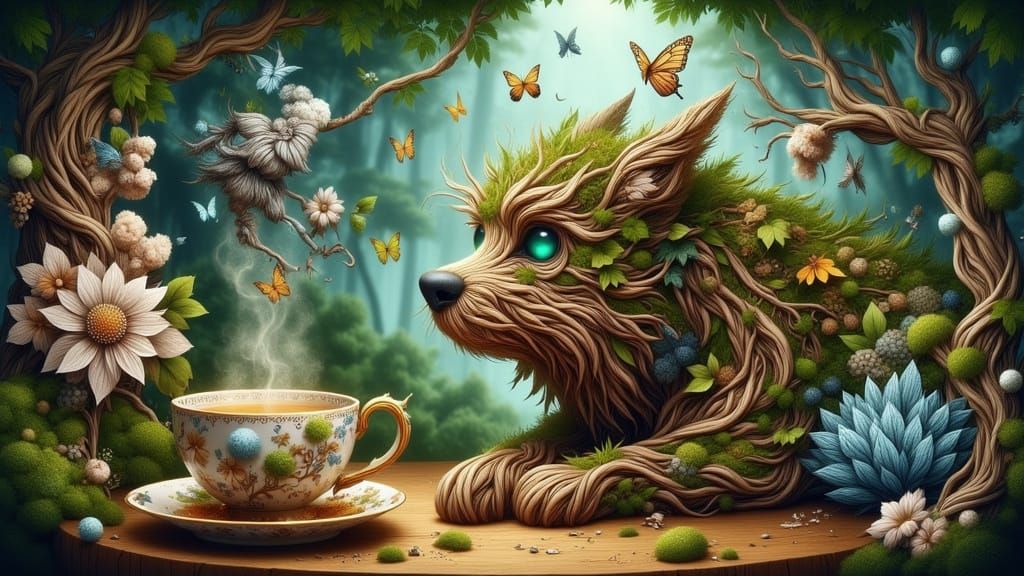 Enchanted Tea Party in a Grotto, Hyperrealistic Art