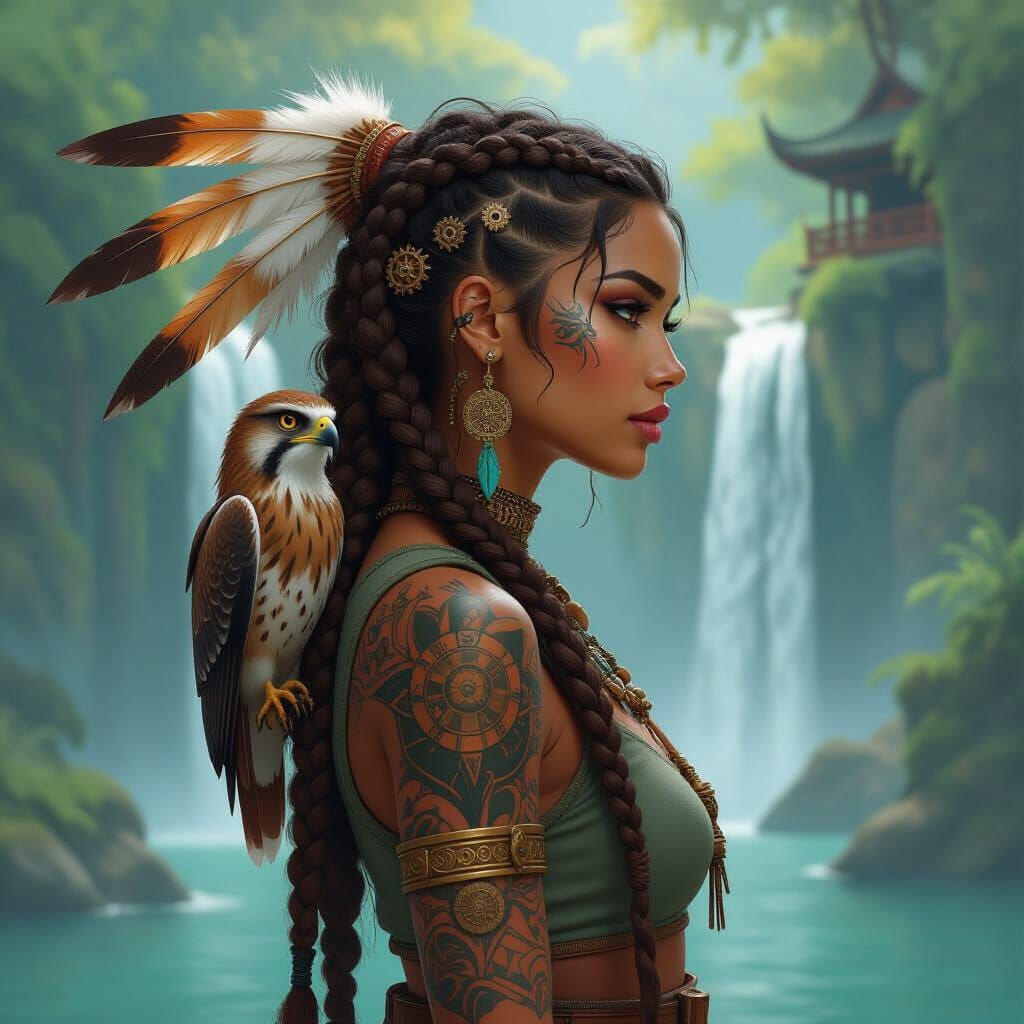 Steampunk Woman with Hawk in Silver Art Style