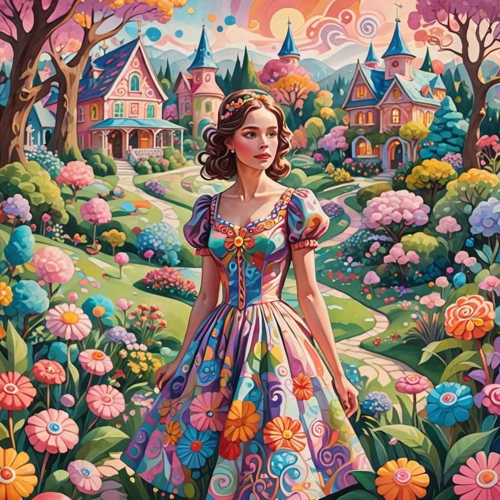 Woman in Candyland Fantasy Garden, Gouache Painting