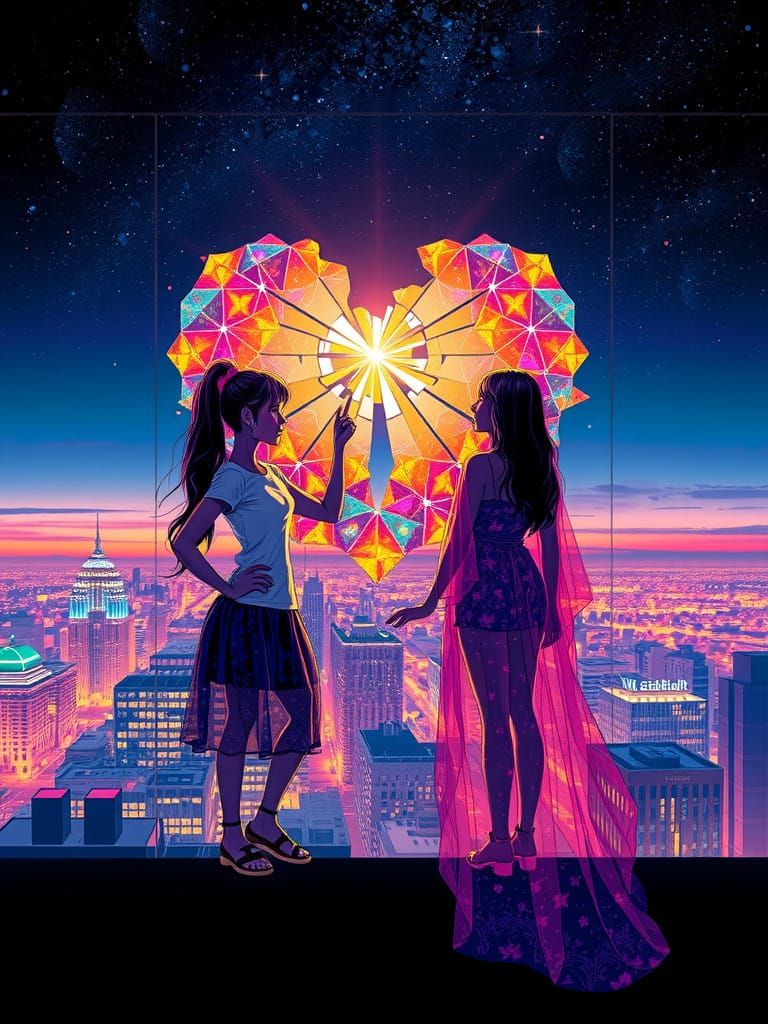 Vibrant Prismatic Couple Amidst Shattered Dreams in a Hologr...