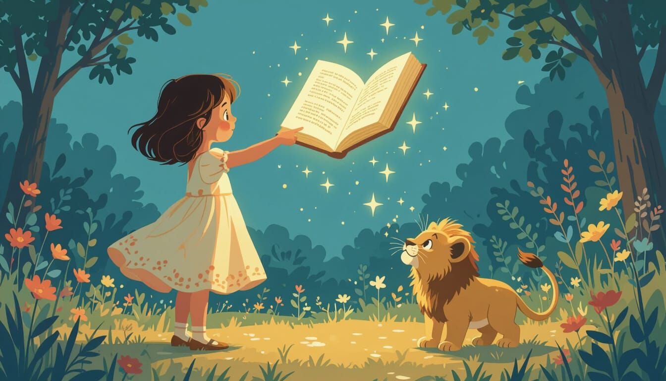 Girl, Lion Cub and Glowing Book, Matte Painting