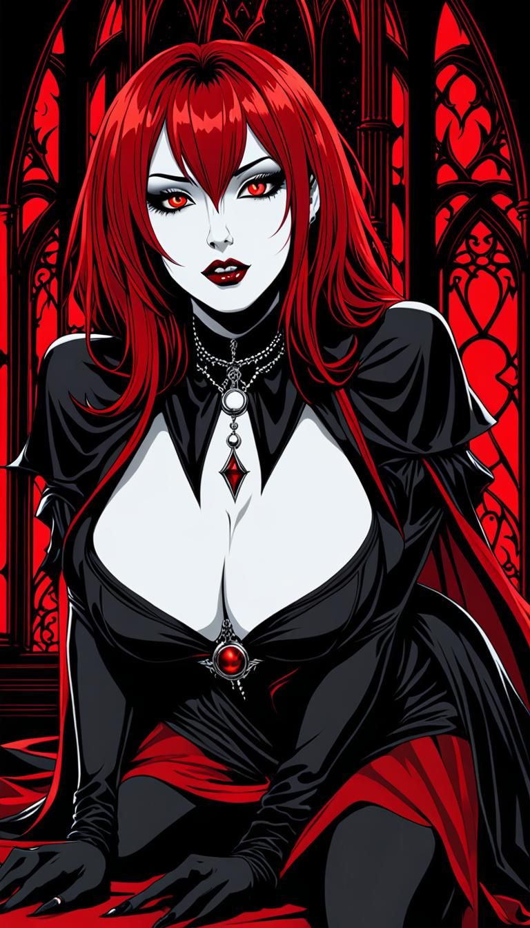 Redhead Vampire Kneeling in Gothic Castle