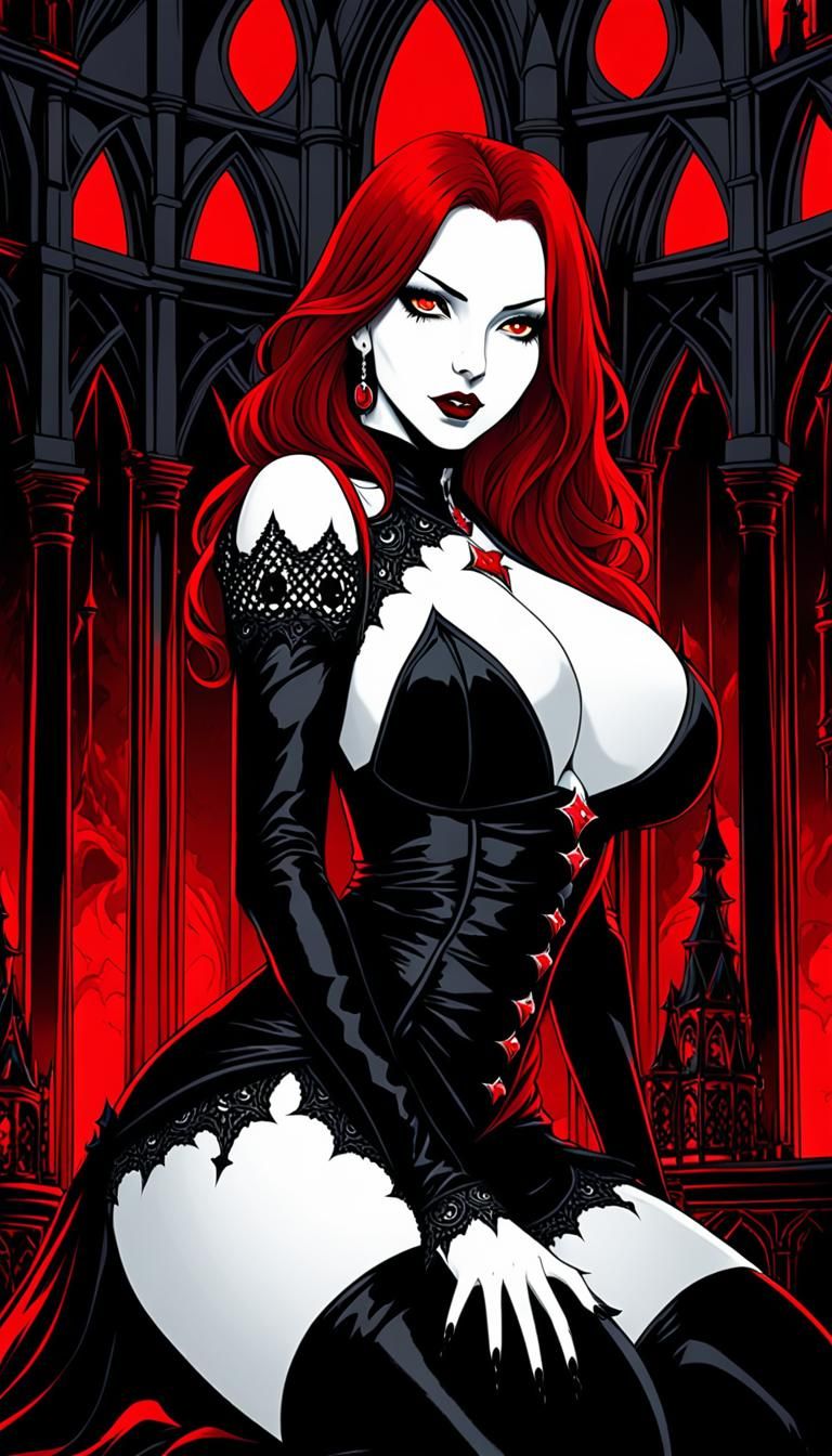 Redhead Vampire in Gothic Castle: Dark Fantasy Art