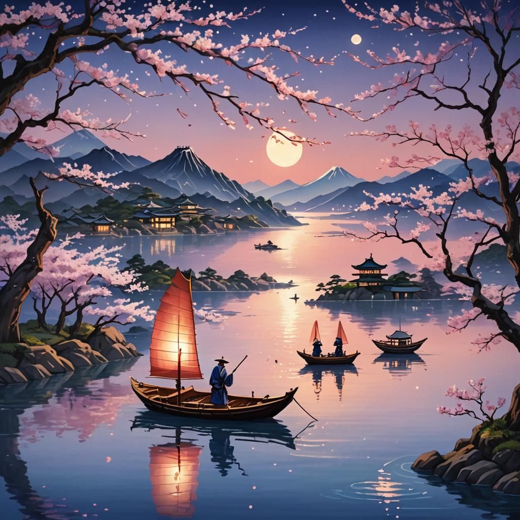 Serene Japanese Boat Landscape with Cherry Blossoms