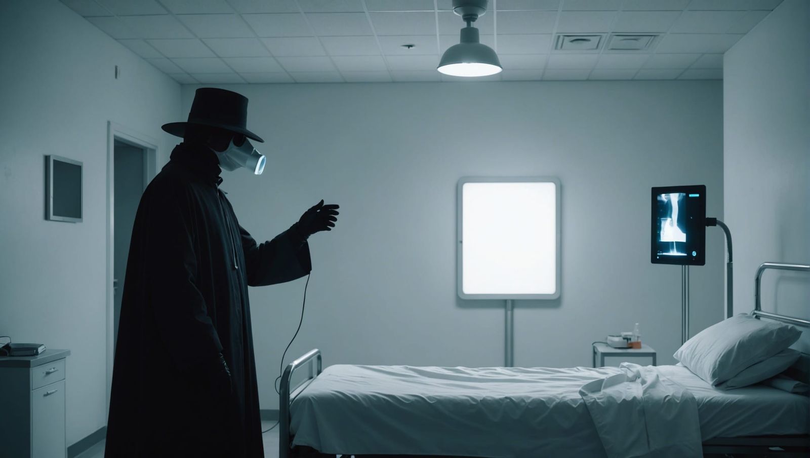 Plague Doctor in Modern Hospital, Atmospheric Lighting