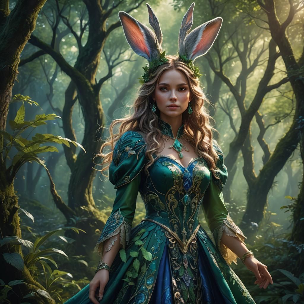 Beautiful Rabbit Woman in Fantasy Forest