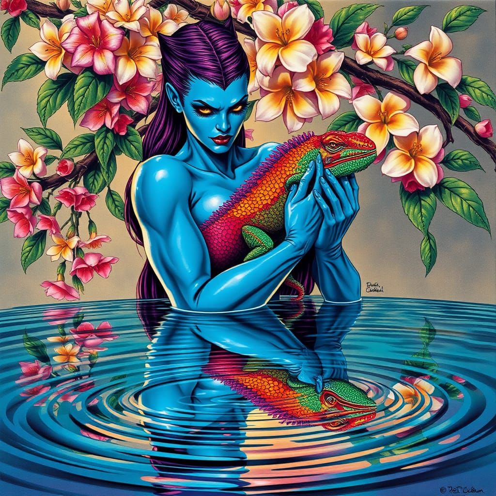 Mystique with Rainbow Iguana in Comic Book Style