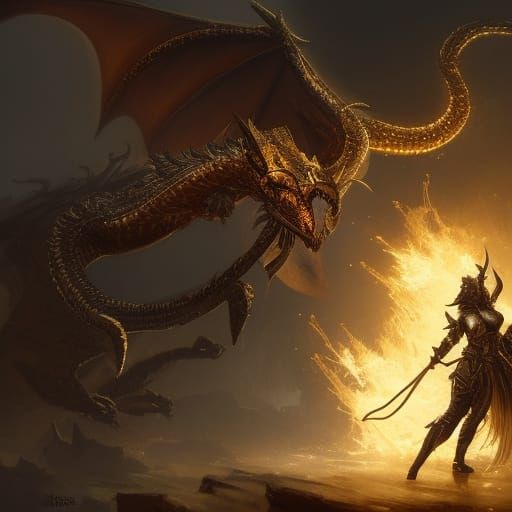 Warrior Woman vs Black Dragon: Dark Fantasy Art