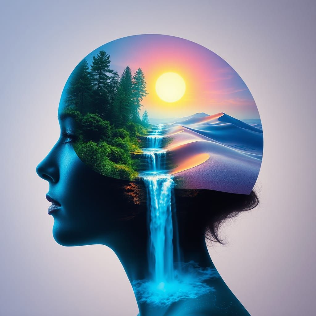 Surreal Double Exposure: Woman's Head with Dreamscapes
