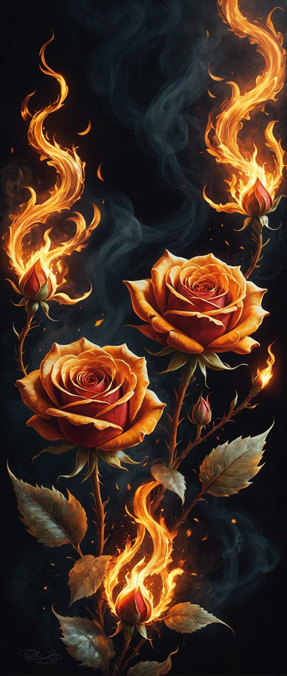 Burning Rose in Fire with Glowing Sparks