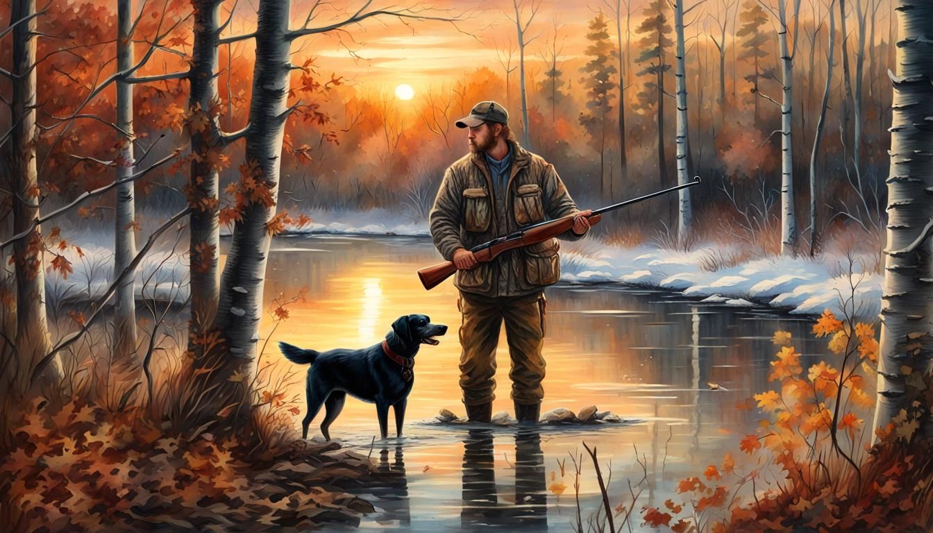 Duck Hunter and Labrador Retriever at Sunrise