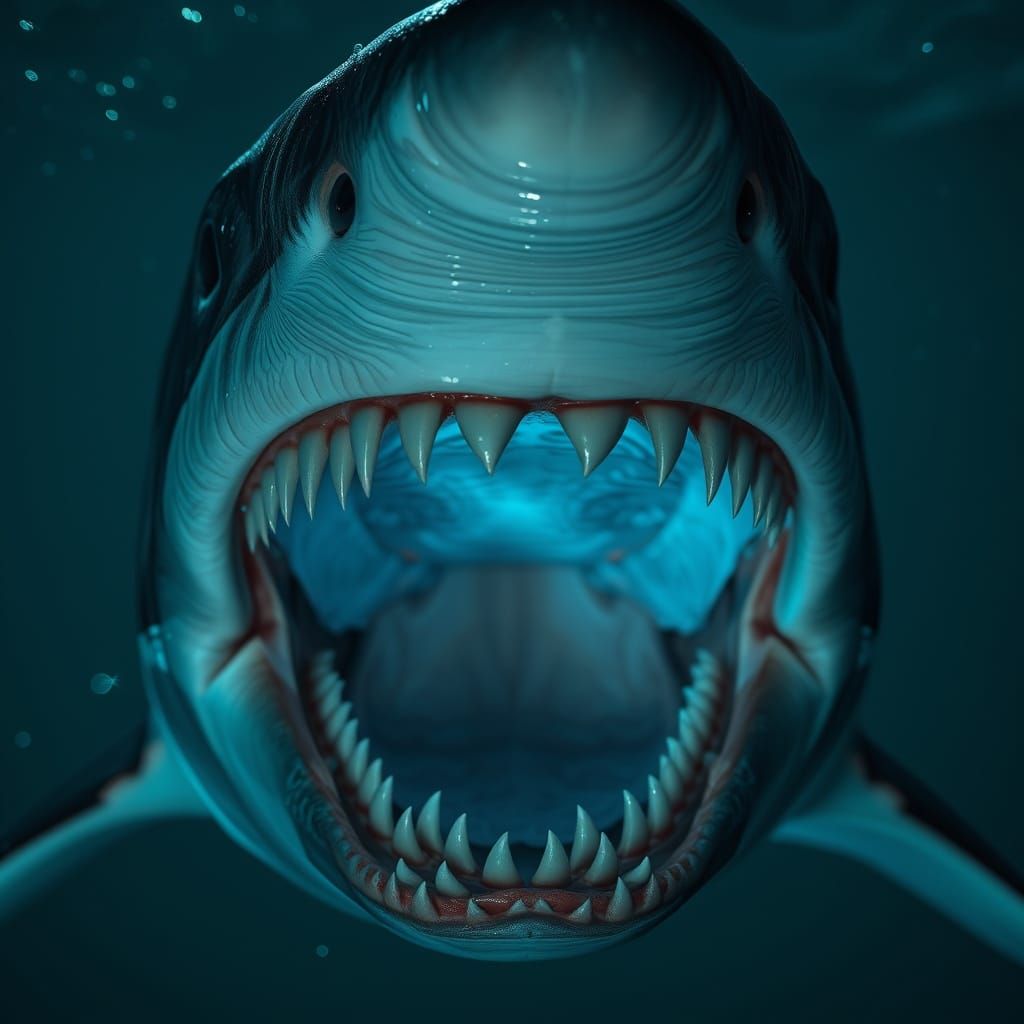 Great White Shark Lunge in Bioluminescent Glow