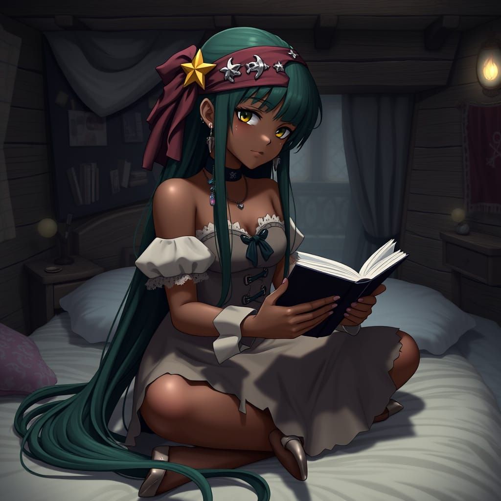 Pirate Girl Hana Reading, in Anime Art Style