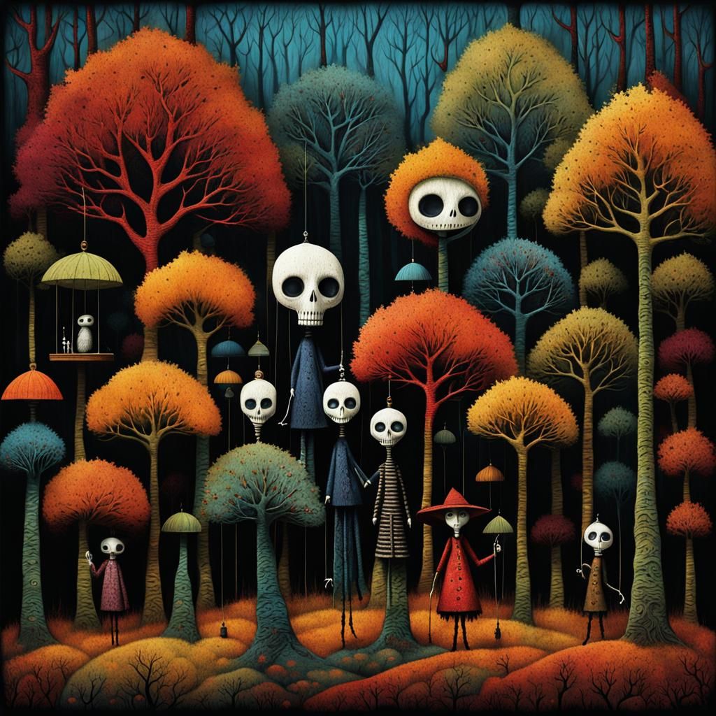 Creepy Marionettes in Autumn Forest, Surrealist Style