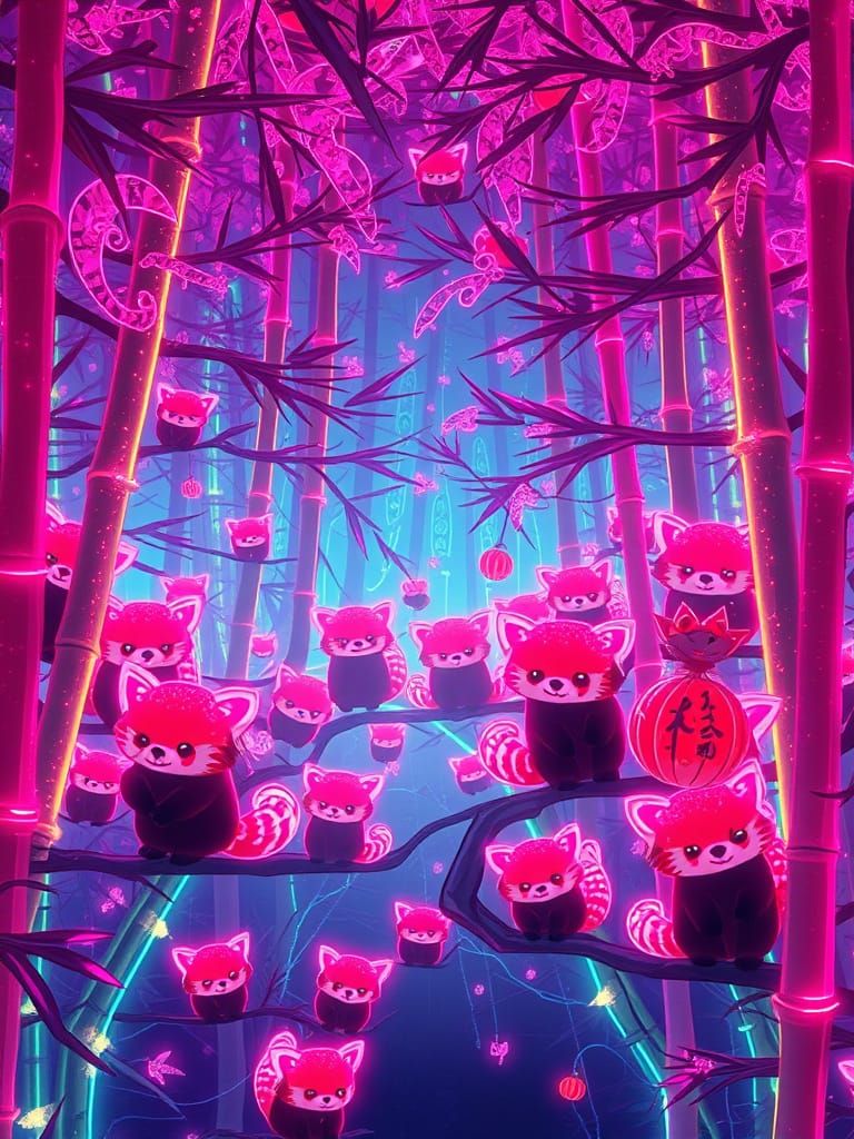 Glowing Red Pandas in Fiberoptic Bamboo Forest