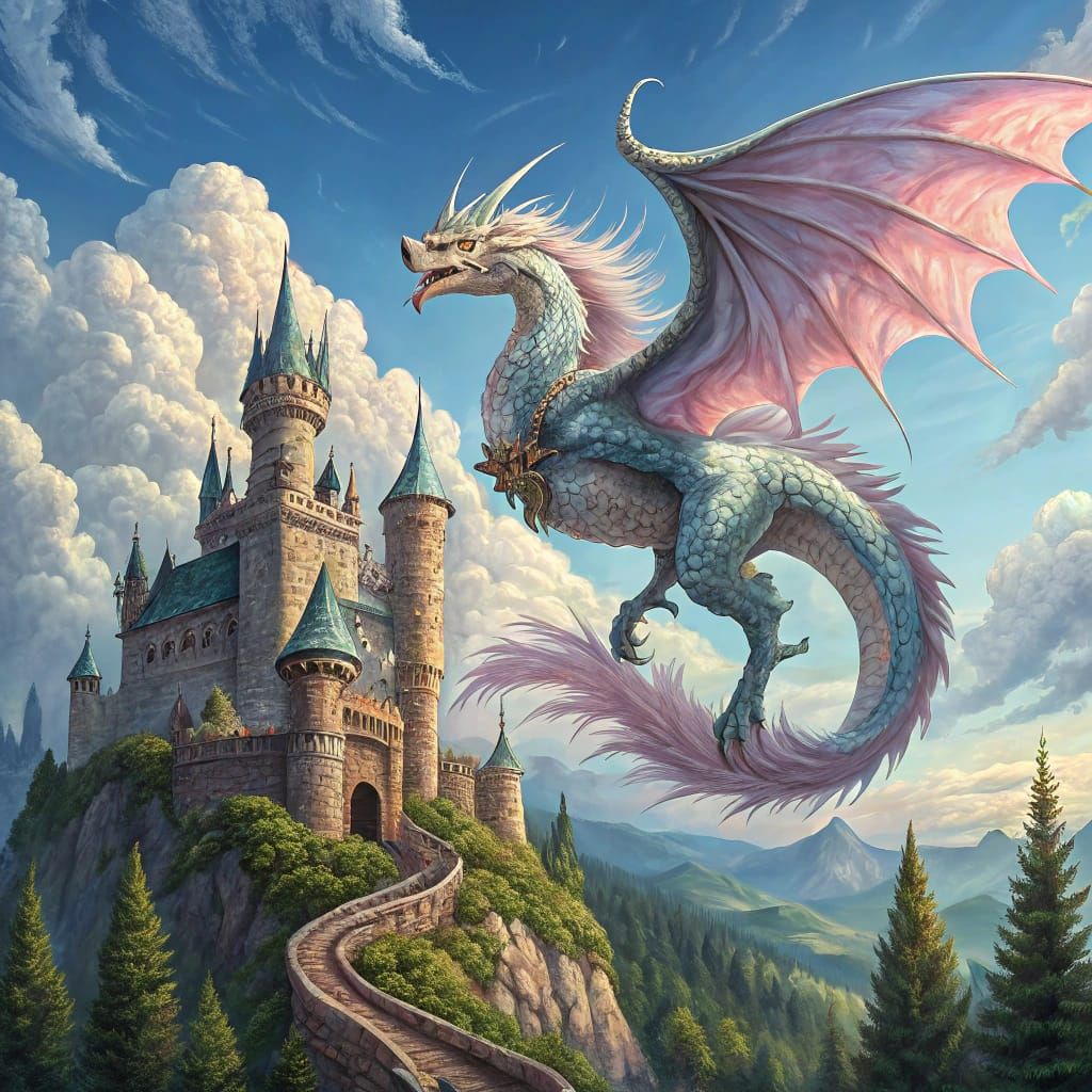 Ethereal Pearl Dragon Soars Above Medieval Castle